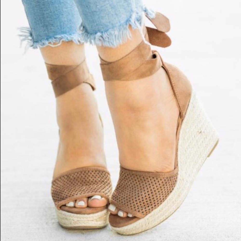 Tan Espadrille Wedges Peeptoe Ankle Tie